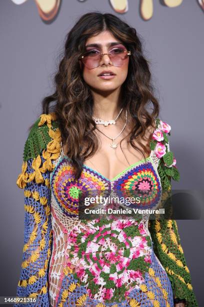 Mia Khalifa is seen on the front row of the Moschino fashion show during the Milan Fashion Week Womenswear Fall/Winter 2023/2024 on February 23, 2023...