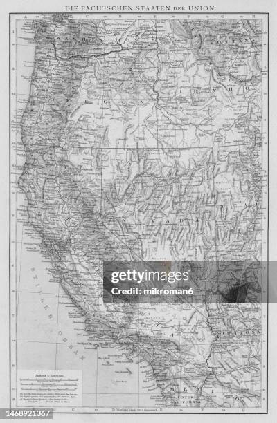 old chromolithograph map of western part of the united states - nevada map stock pictures, royalty-free photos & images