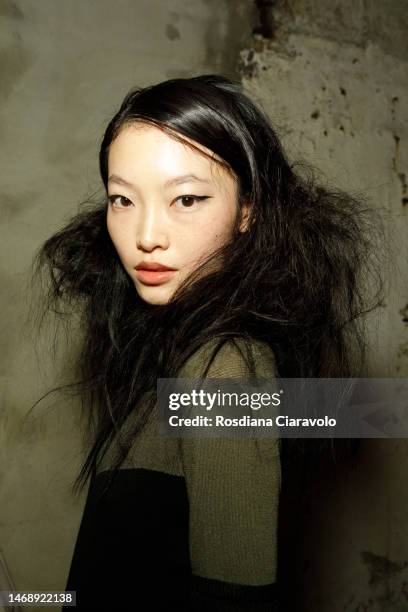 Model poses backstage at the Anteprima fashion show during the Milan Fashion Week Womenswear Fall/Winter 2023/2024 on February 23, 2023 in Milan,...