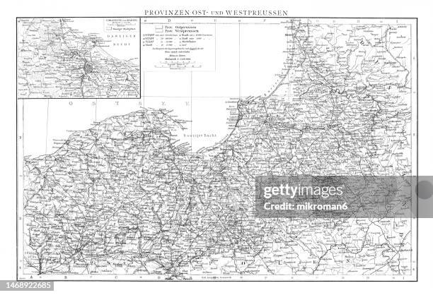 old chromolithograph map of provinces of east and west prussia - empire stock pictures, royalty-free photos & images