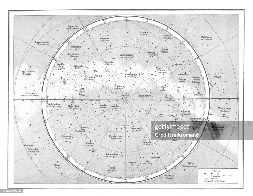 Old chromolithograph illustration of Astronomy - Northern Sky Star Map (nebulae and star clusters)