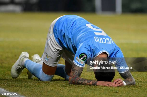 Matias Vecino of SS Lazio reacts during the UEFA Europa Conference League knockout round play-off leg two match between CFR Cluj and SS Lazio at...