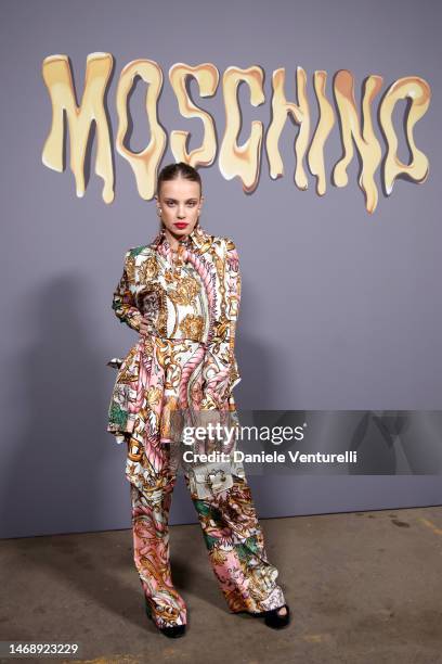 Xenia Tchoumi is seen on the front row of the Moschino fashion show during the Milan Fashion Week Womenswear Fall/Winter 2023/2024 on February 23,...