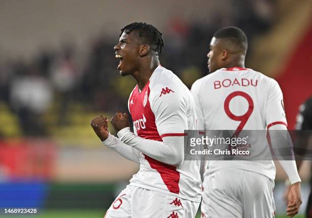 Breel Embolo of AS Monaco celebrates after scoring the team's second goal during the UEFA Europa League knockout round play-off leg two match between...
