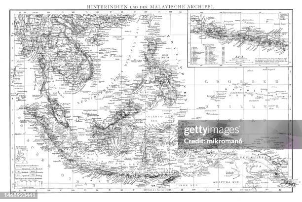 old chromolithograph map of india and malay archipelago - java stock pictures, royalty-free photos & images