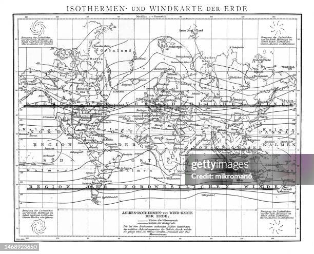 old chromolithograph map of wind in the earth - prevailing winds - tides stock pictures, royalty-free photos & images