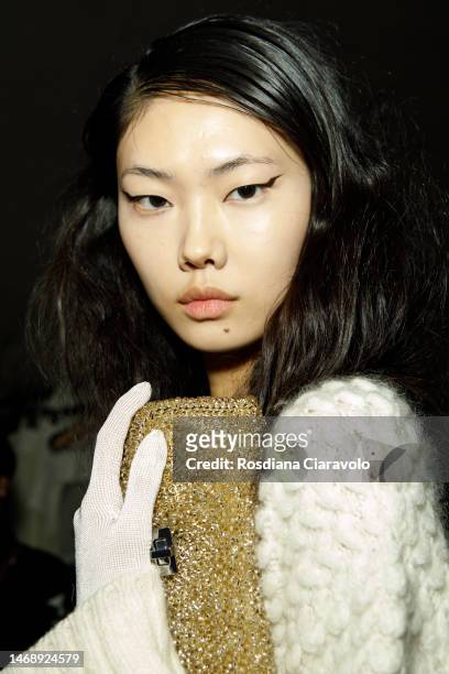 Sijia Kang poses backstage at the Anteprima fashion show during the Milan Fashion Week Womenswear Fall/Winter 2023/2024 on February 23, 2023 in...