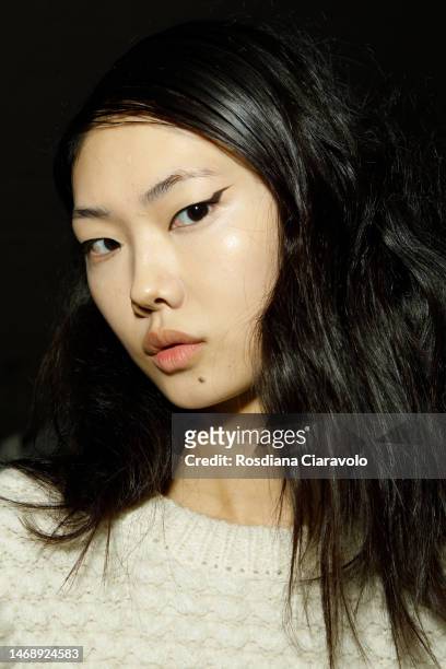 Sijia Kang poses backstage at the Anteprima fashion show during the Milan Fashion Week Womenswear Fall/Winter 2023/2024 on February 23, 2023 in...