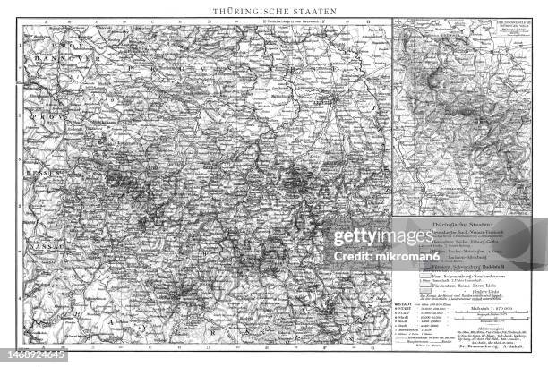 old chromolithograph map of thuringian states (free state of thuringia - state of germany) - thuringia stock pictures, royalty-free photos & images