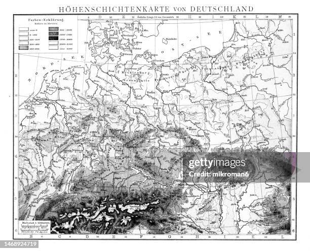 old chromolithograph illustration altitude (topographic) map of germany - switzerland map stock pictures, royalty-free photos & images