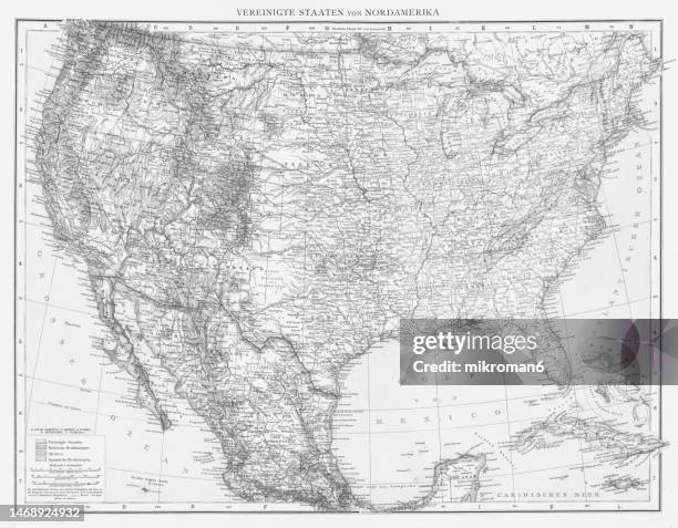 old chromolithograph map of united states of america (usa) - united states map black and white stock pictures, royalty-free photos & images