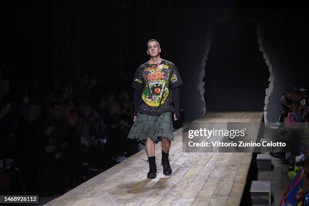 Fashion designer Jeremy Scott acknowledges the applause of the audience at the Moschino fashion show during the Milan Fashion Week Womenswear...