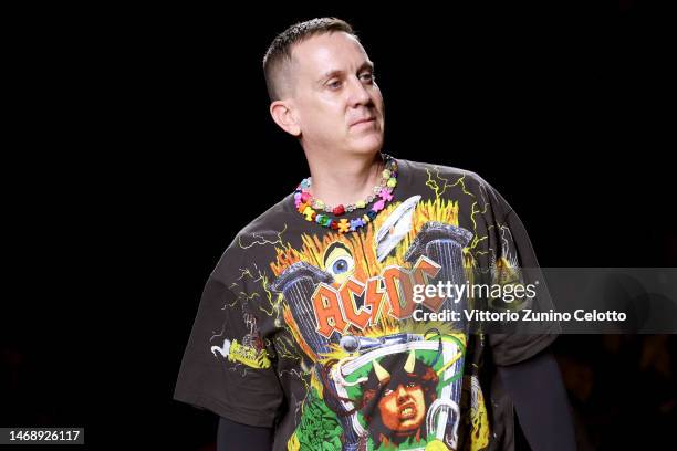 Fashion designer Jeremy Scott acknowledges the applause of the audience at the Moschino fashion show during the Milan Fashion Week Womenswear...