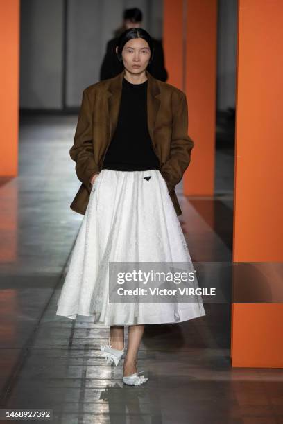 Model walks the runway during the Prada Ready to Wear Fall/Winter 2023-2024 fashion show as part of the Milan Fashion Week on February 23, 2023 in...