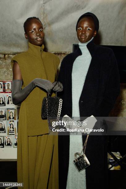 Models pose backstage at the Anteprima fashion show during the Milan Fashion Week Womenswear Fall/Winter 2023/2024 on February 23, 2023 in Milan,...