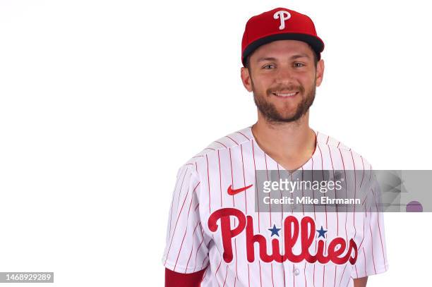 Trea Turner of the Philadelphia Phillies poses for a portrait during media day at BayCare Ballpark on February 23, 2023 in Clearwater, Florida.