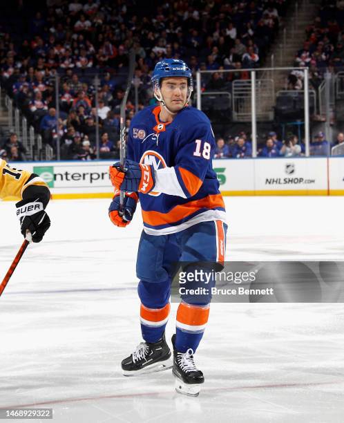 Andy Andreoff of the New York Islanders skates against the Pittsburgh Penguins at UBS Arena on February 17, 2023 in Elmont, New York.
