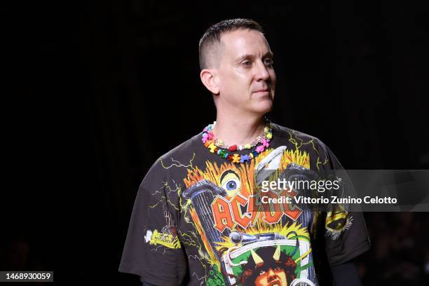 Fashion designer Jeremy Scott acknowledges the applause of the audience at the Moschino fashion show during the Milan Fashion Week Womenswear...