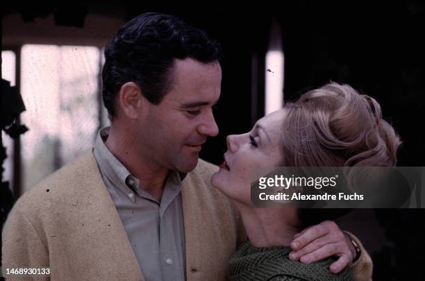 Actor Jack Lemmon and wife actress Felicia Farr portrait while having a tender moment in 1962 at their home in Los Angeles, California.