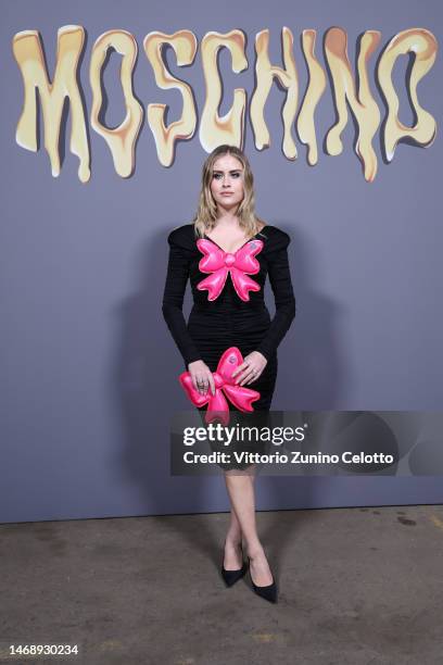 Valentina Ferragni is seen on the front row of the Moschino fashion show during the Milan Fashion Week Womenswear Fall/Winter 2023/2024 on February...
