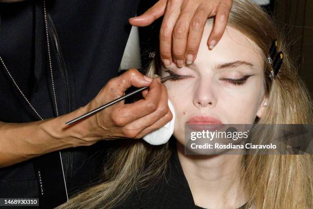 Model is seen during the make up backstage at the Anteprima fashion show during the Milan Fashion Week Womenswear Fall/Winter 2023/2024 on February...