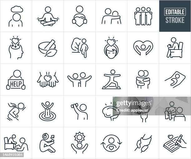 symbole für psychisches wohlbefinden, selbstfürsorge und psychische gesundheit - editierbarer schlaganfall - yoga stock-grafiken, -clipart, -cartoons und -symbole