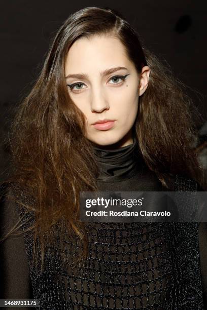 Model poses backstage at the Anteprima fashion show during the Milan Fashion Week Womenswear Fall/Winter 2023/2024 on February 23, 2023 in Milan,...