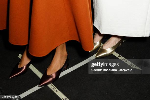 Models, fashion detail, poses backstage at the Anteprima fashion show during the Milan Fashion Week Womenswear Fall/Winter 2023/2024 on February 23,...