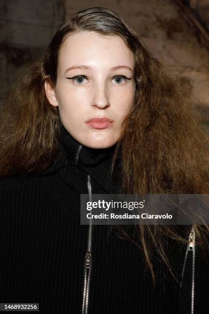 Model poses backstage at the Anteprima fashion show during the Milan Fashion Week Womenswear Fall/Winter 2023/2024 on February 23, 2023 in Milan,...