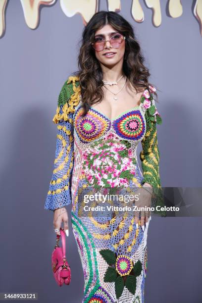 Mia Khalifa is seen on the front row of the Moschino fashion show during the Milan Fashion Week Womenswear Fall/Winter 2023/2024 on February 23, 2023...