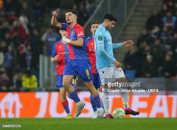 Zeki Amdouni of FC Basel celebrates after scoring the team's first goal during the UEFA Europa Conference League knockout round play-off leg two...