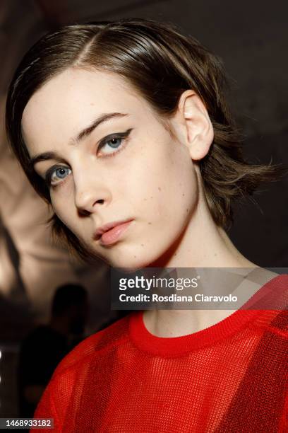 Model poses backstage at the Anteprima fashion show during the Milan Fashion Week Womenswear Fall/Winter 2023/2024 on February 23, 2023 in Milan,...
