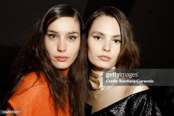 Models pose backstage at the Anteprima fashion show during the Milan Fashion Week Womenswear Fall/Winter 2023/2024 on February 23, 2023 in Milan,...