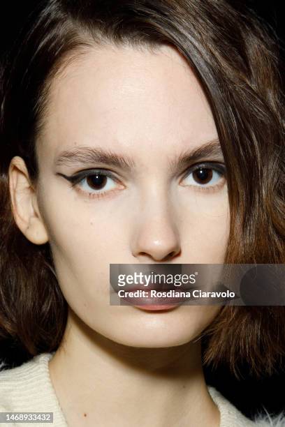Model poses backstage at the Anteprima fashion show during the Milan Fashion Week Womenswear Fall/Winter 2023/2024 on February 23, 2023 in Milan,...