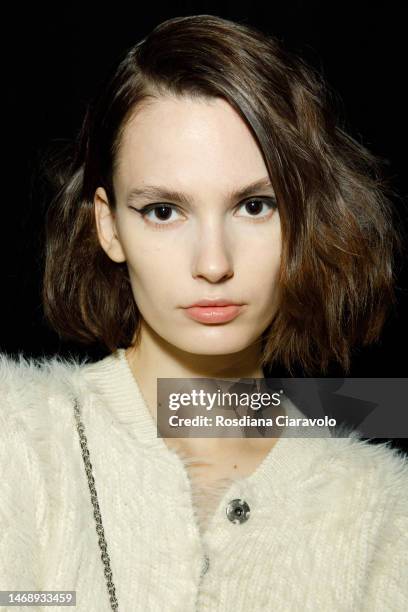 Model poses backstage at the Anteprima fashion show during the Milan Fashion Week Womenswear Fall/Winter 2023/2024 on February 23, 2023 in Milan,...