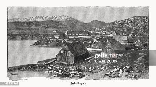 historical view of frederikshaab (paamiut), greenland, wood engraving, published 1899 - paamiut stock illustrations