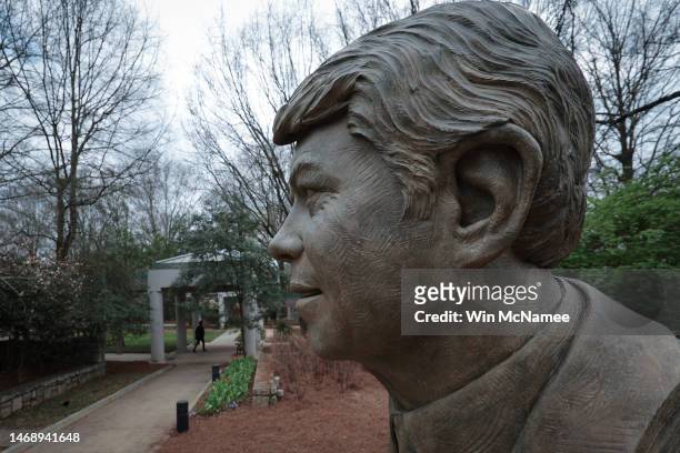 Giant bust of former U.S. President Jimmy Carter stands at the Jimmy Carter Library and Museum February 23, 2023 in Atlanta, Georgia. The Carter...