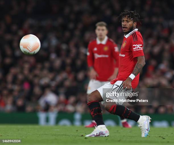 Fred of Manchester United in action during the UEFA Europa League knockout round play-off leg two match between Manchester United and FC Barcelona at...