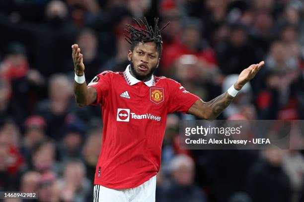 Fred of Manchester United celebrates after scoring the team's first goal during the UEFA Europa League knockout round play-off leg two match between...