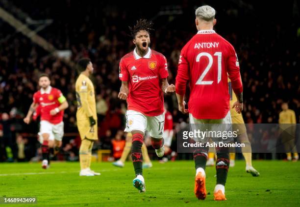 Fred of Manchester United celebrates after scoring their sides first goal during the UEFA Europa League knockout round play-off leg two match between...