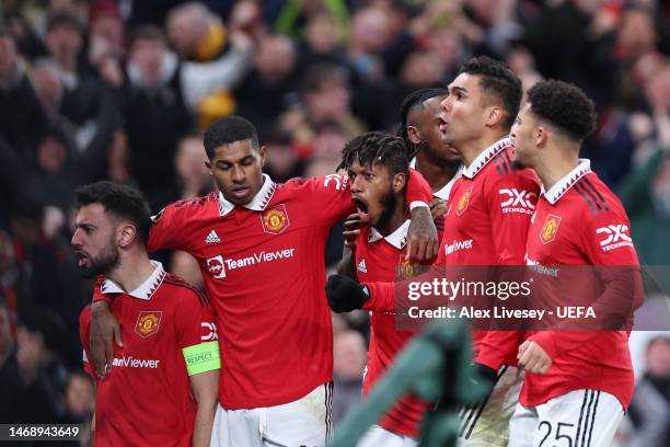 Fred of Manchester United celebrates with teammates after scoring the team's first goal during the UEFA Europa League knockout round play-off leg two...