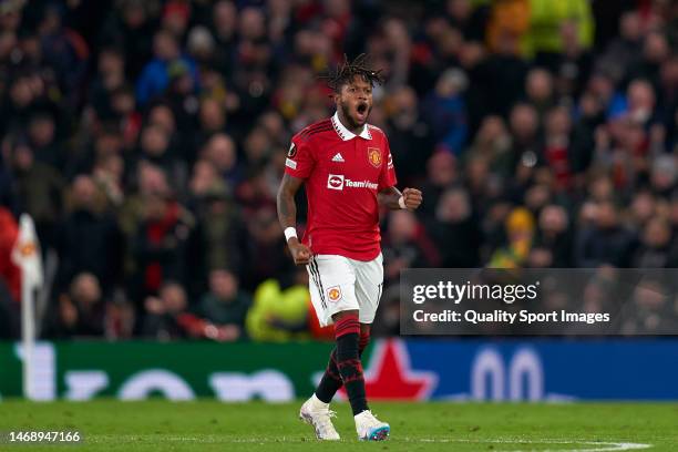 Fred of Manchester United celebrates after scoring his team's first goal during the UEFA Europa League knockout round play-off leg two match between...