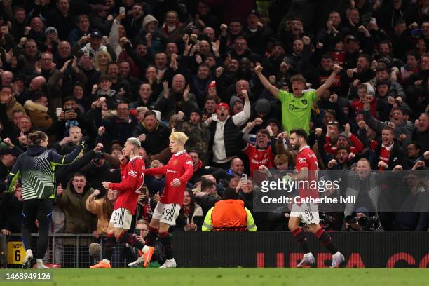 Antony of Manchester United celebrates after scoring the team's second goal during the UEFA Europa League knockout round play-off leg two match...