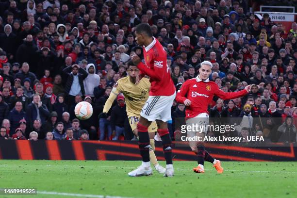 Antony of Manchester United scores the team's second goal during the UEFA Europa League knockout round play-off leg two match between Manchester...