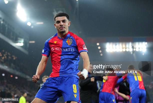 Zeki Amdouni of FC Basel celebrates after teammate Andi Zeqiri scored the team's second goal during the UEFA Europa Conference League knockout round...