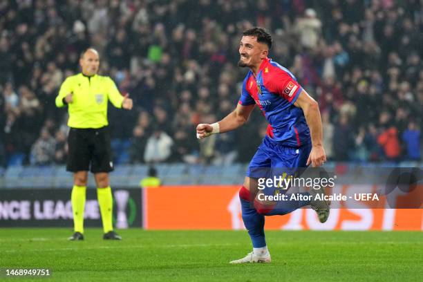 Andi Zeqiri of FC Basel celebrates after scoring the team's second goal during the UEFA Europa Conference League knockout round play-off leg two...