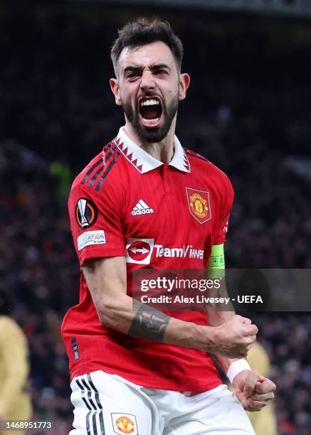 Bruno Fernandes of Manchester United celebrates after teammate Antony scores the team's second goal during the UEFA Europa League knockout round...