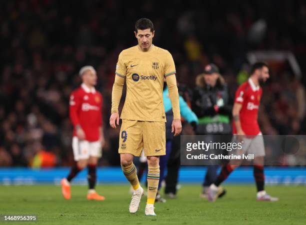 Robert Lewandowski of FC Barcelona looks dejected following the team's defeat in the UEFA Europa League knockout round play-off leg two match between...