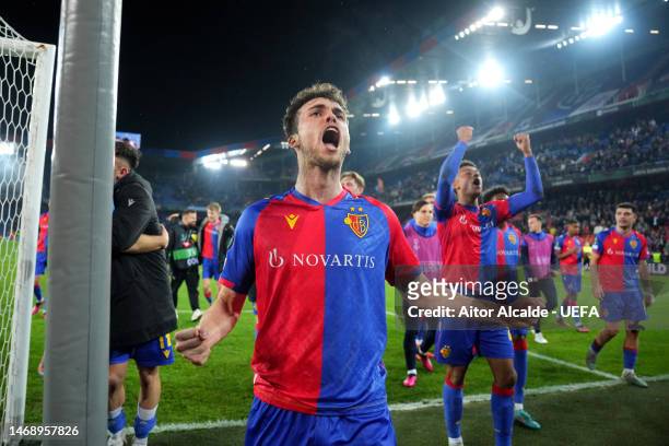 Sergio Lpez of FC Basel celebrates victory following the UEFA Europa Conference League knockout round play-off leg two match between FC Basel and...