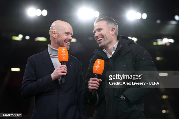 Erik ten Hag, Manager of Manchester United, and Former Manchester United player Robin Van Persie share a joke following the UEFA Europa League...